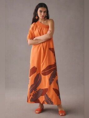 Maeve for Anthropologie Orange One-Shoulder Floral Embroidered Midi Dress